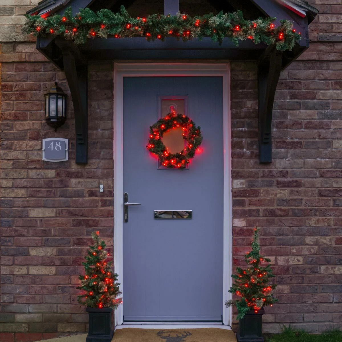 Outdoor Battery Garland, Wreath, 2 Potted Trees Christmas Door Set, Colour Changing LEDs 4 Outdoor Battery Garland, Wreath, 2 Potted Trees Christmas Door Set, Colour Changing LEDs - Image 2