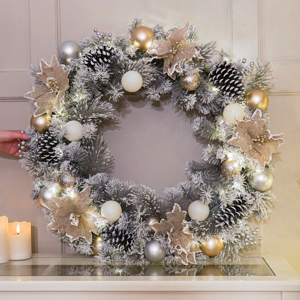 80cm Battery Pre Lit Snow Poinsettia Christmas Wreath 3 80cm Battery Pre Lit Snow Poinsettia Christmas Wreath