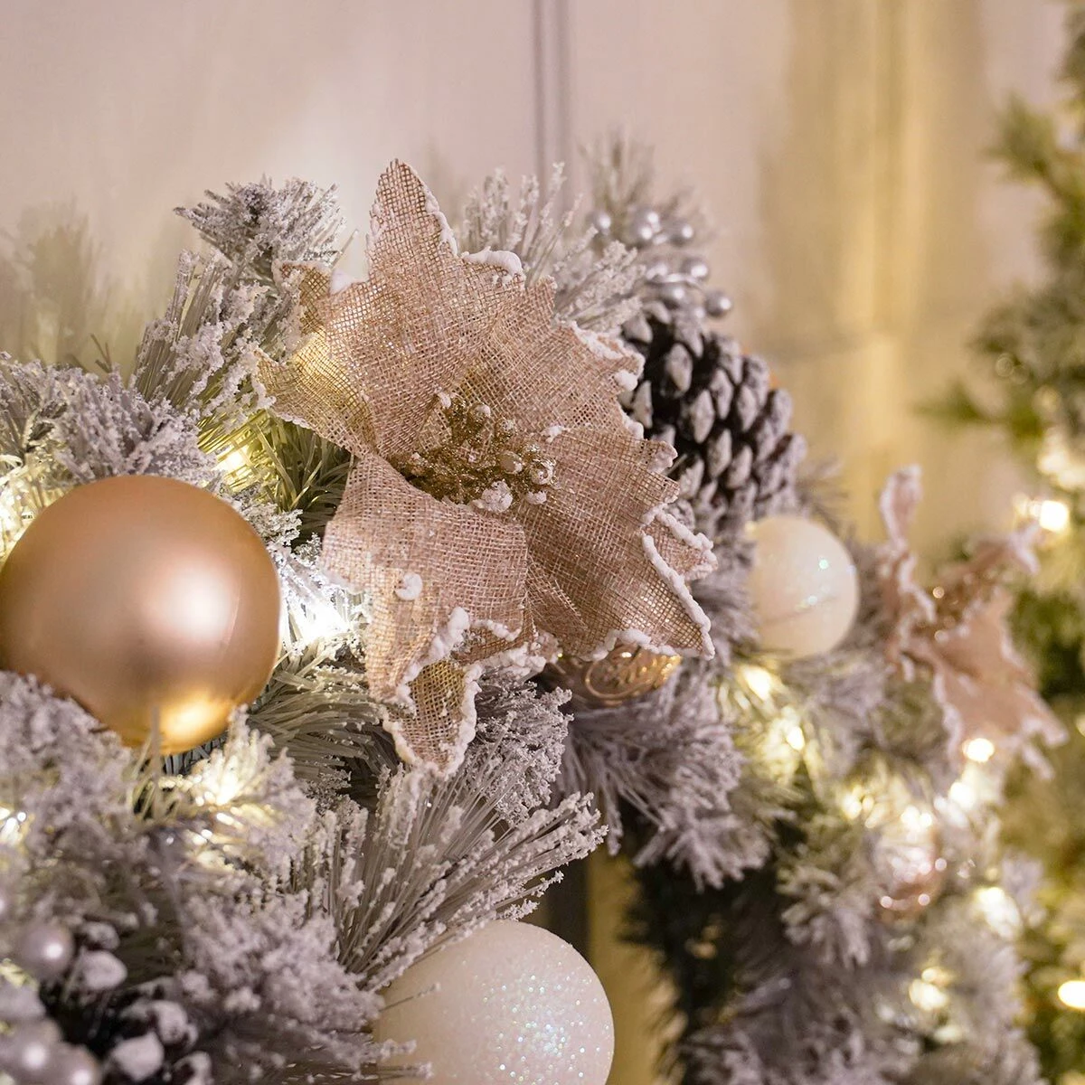 80cm Battery Pre Lit Snow Poinsettia Christmas Wreath 4 80cm Battery Pre Lit Snow Poinsettia Christmas Wreath - Image 2