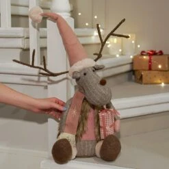 63cm Sitting Plush Pink Hat Christmas Reindeer Figure