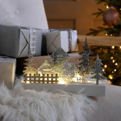 Battery White Wooden LED House With Santa Christmas Village Scene